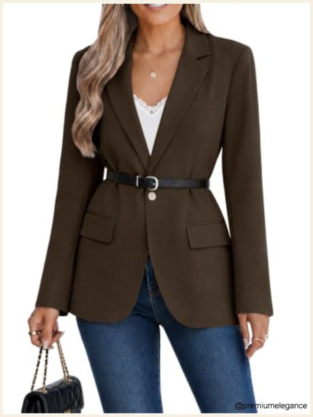 Oversized Blazer with Belt Lightweight Polyester Business Casual Notch Lapel